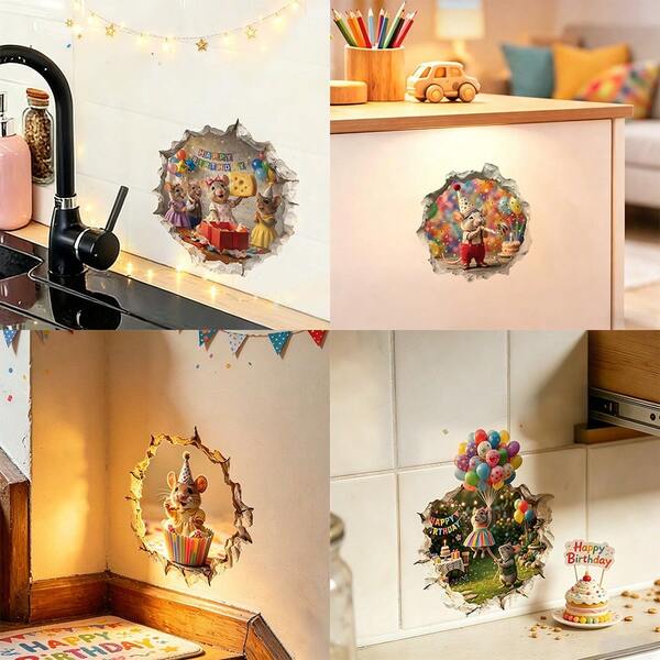 1 miếng dán tường 3D hình lỗ chuột ngộ nghĩnh, chủ đề "Chúc mừng sinh nhật" (bao gồm chuột và pho mát), chống thấm nước và có thể tháo rời, thích hợp cho cầu thang, phòng ngủ và đồ nội thất, trang trí nội thất thẩm mỹ, tranh dán tường nghệ thuật tự dính DIY sáng tạo.