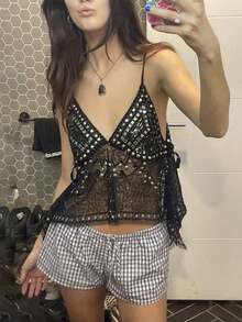 Seductive Sheer Backless Strappy Beach Top With Rhinestones - Black - View 2