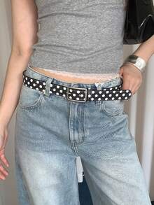 1件黑色PU材质波点装饰个性针扣腰带 - 黑色 - 查看 3
