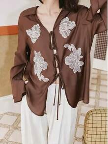 Women's Woven Embroidered Drawstring Long Sleeve Shirt, Regular Fit Top Vacation Spring - Coffee Brown - View 2