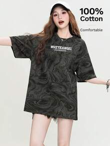 JUTU English Graphic All-Over Print Short Sleeve Round Neck Loose Knit Heather Grey Women Top, Elegant For Party, Summer, Valentine's Day Casual - 0A66  Gray - KJ0221 - View 5