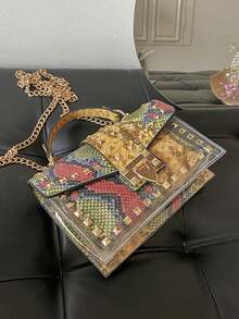 Fashion Graffiti Rivet Decor Handbag - Green - View 3
