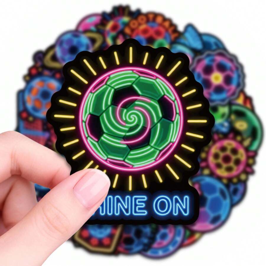 56PCS Neon Style Soccer Stickers, Vinyl Waterproof Decals For Water Bottles Laptop Phone Case Luggage Skateboard Scrapbook, Sports Theme Stickers For Teens Adults Soccer Fans Scrapbook Supplies Scrapbooking - 1 Set - View 1