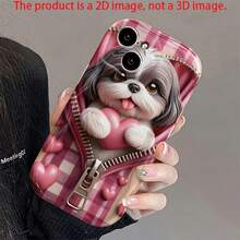 Ốp lưng điện thoại in hình chú chó Shih Tzu dễ thương 2D, khóa kéo, họa tiết trái tim màu hồng và đỏ, chống sốc, chống trầy xước, thời trang, bảo vệ điện thoại cho Galaxy S22/23/24/S25/A04/05/06/A07/A17/A14/A15/A16/A24/A25/A34, Note 7/8/9/10/11/12/13/14, 9/10/12/13C/14C/A5 - màu vàng kem - Xem 2