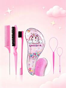 3/6-Piece Makeup Brush Set, Featuring Various Adorable Unicorn Combs To Choose From, Flip-Forward Styling Tools, Hair Band Scissors, Edge Brushes, Bristle Brushes, Teasing Combs. Suitable For Grooming, Styling And Cleaning. Suitable For Salon Use (In Pink And Purple) - Multicolor - View 4