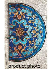 1 pieza Felpudo semicircular con diseño floral azul y dorado, felpudo de entrada, alfombra pequeña, felpudo de bienvenida, alfombra, felpudo de piso, felpudo de exterior, alfombra de cocina, decoración del hogar, felpudo de puerta principal, alfombra pequeña de área, felpudo de exterior, decoración del hogar, alfombra de área, alfombra de jardín, alfombra lavable - Multicolor - Ver 5