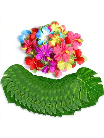 36pcs Tropical Party Decorations: Tropical Palm Leaves, Artificial Hibiscus Flowers And Artificial Green Leaves. Ideal For Creating A Tropical Hawaiian Style Decor, Summer Beach Party, Hawaiian Festival, Camping Gathering, Jungle Beach Themed BBQ, Party Favors And Various Occasions Table Decorations.