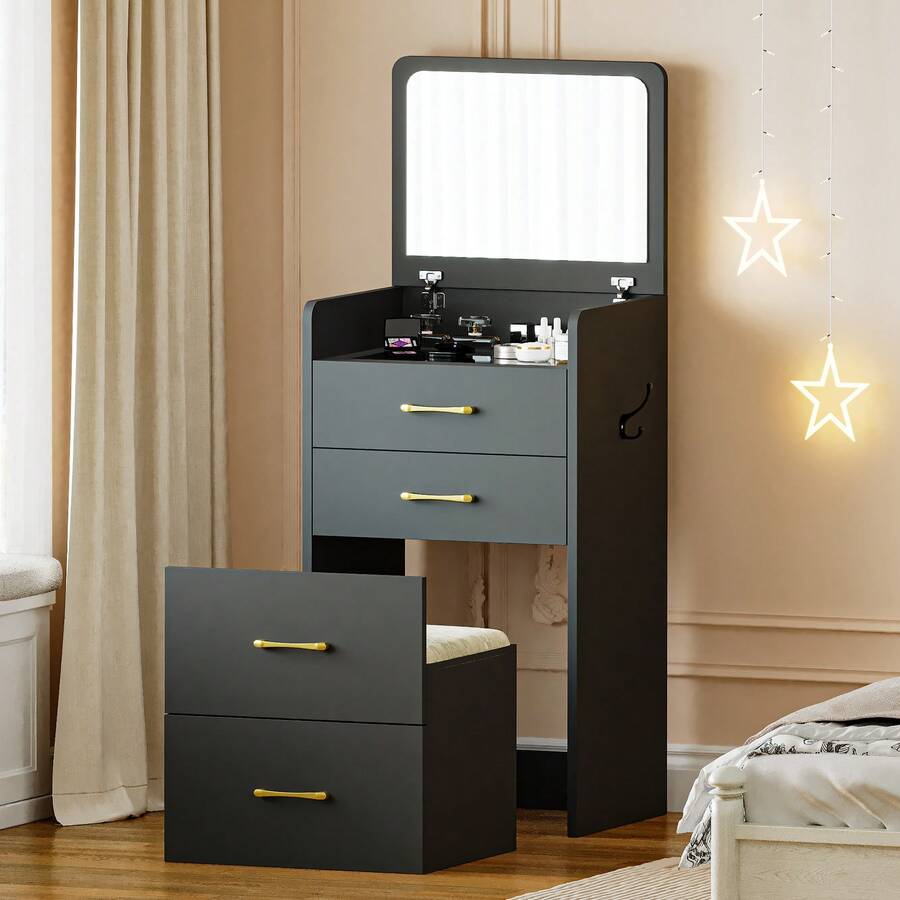 HNEBC 3-In-1 Vanity Desk With Flip Mirror, Makeup Vanity With Drawers & Stool, Compact Vanity Desk For Bedroom, Multi-Function Dresser For Women, Girls - 黑色 - 查看 1