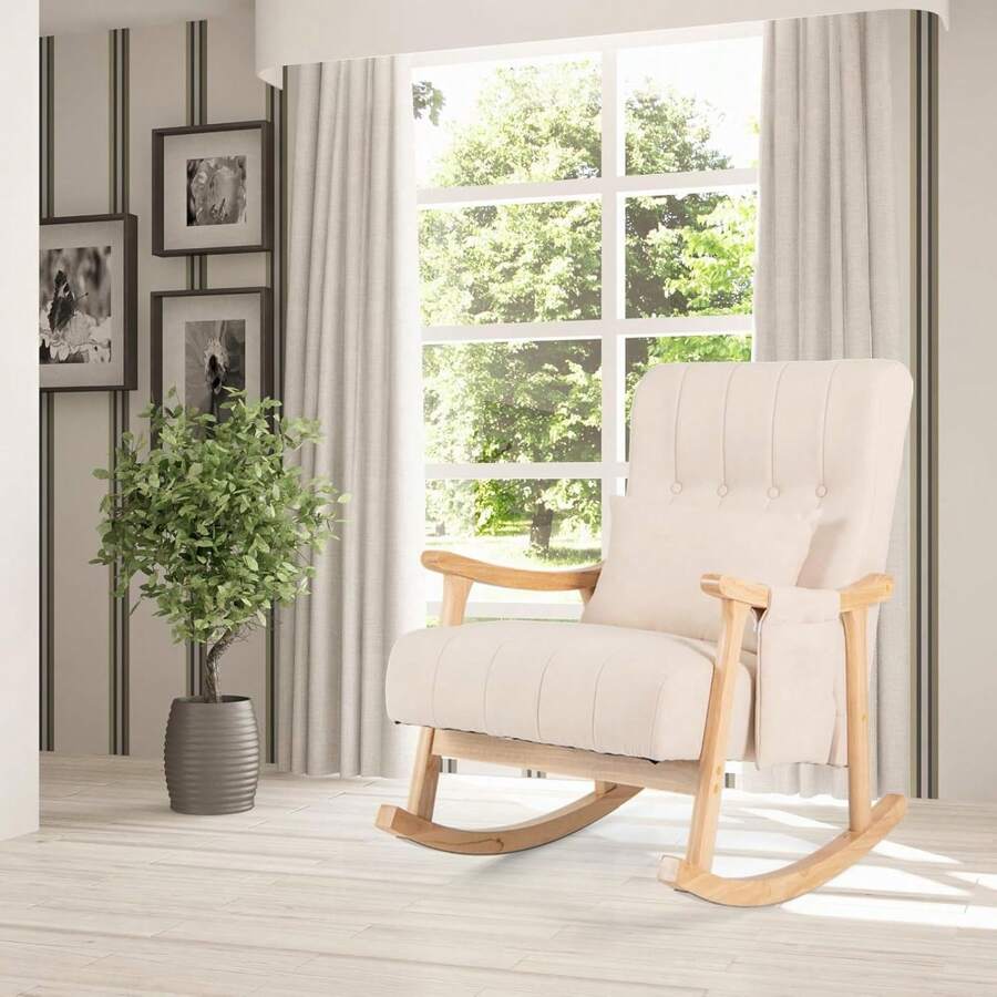 Linen Nursery Rocking Chair With Wooden Frame For Living Room Bedroom - Default - View 1