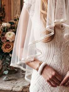 1 Stück luxuriöser Brautschleier mit Perlenkante, modischer doppellagiger Hochzeitsschleier mit Perlen, Braut-Hochzeits-Accessoire Schleier - Beige - Übersicht 4
