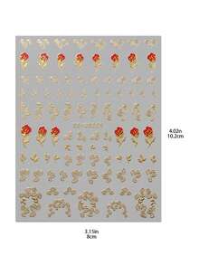 4 piezas de pegatinas de arte de uñas con estampado floral vintage y ribete dorado - Rosas rojas y fresas con brillo - Decoraciones de uñas 3D de textura lujosa francesa para DIY - Adecuado para primavera/verano, bodas, citas, tardes de té - Multicolor - Ver 12
