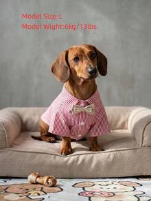 1 pieza Camisa con corbata de moño a rayas de verano ligera para perros pequeños, ropa para mascotas tipo Poodle Teddy - Rojo y blanco - Ver 3