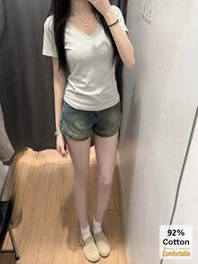V领短袖T恤，百搭纯色修身打底衫，女士夏季休闲穿搭 - 花灰色 - 查看 3