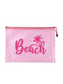 Multi-Color Waterproof Fashion Mesh Beach Bag, Cosmetic Bag With "Beach" Coconut Tree Print, Beach Theme. Large Capacity Transparent Cosmetic Bag, Nylon Zipper Cosmetic Bag, Lightweight, Can Store Sunscreen, Snacks, Bikini And Beach Essentials. Spring/Summer Storage, Durable, Perfect For Swimming - Multicolor - View 15