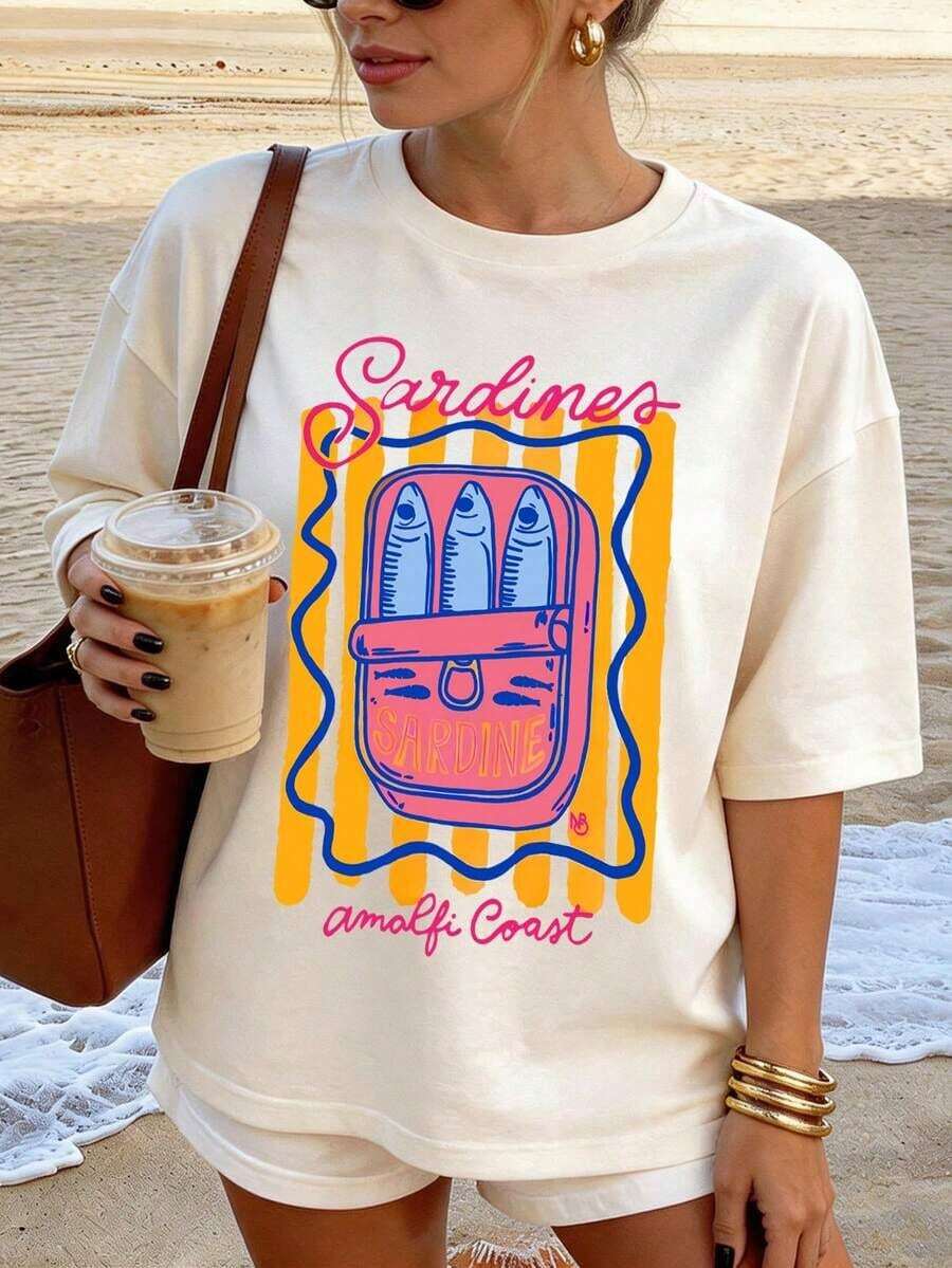 Camiseta Casual de ClassicWo con Estampado de Sardinas de la de Amalfi, Cuello Redondo, Manga Corta, Corte Regular, Ideal para Vacaciones de Verano, Blanca, Bestseller - Albaricoque - Ver 1