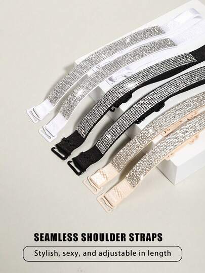 Plus Size Women's Sexy Rhinestone Decorated Bra Straps, Fashion Crystal Shoulder Straps Suitable For Cold Shoulder Tops And Summer Camisoles, Adjustable Sparkling Diamond Bra Strap, Boost Confidence In Daily Styling