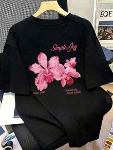 Plus Size Women's Summer Colorful Letter Flower Print Pattern Multicolor Round Neck T-Shirt Fashionable Versatile.Graphic Tees Women Vacation Outfits - Black - View 3