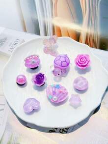 22pcs Pink DIY Detachable Shoe Charms, With Sequin Chain, Starfish Shell Water Ripple Star, Suitable For Clogs - Purple Turtle - View 3