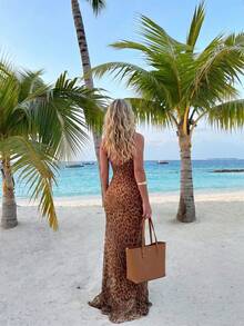 豹纹印花优雅性感吊带修身连衣裙，夏季度假休闲沙滩装扮（女士款） - 棕色 - 查看 3