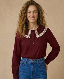Women's Shirt With Ruff Collar/ Embroidered Detail/ Front Buttons/ Long Sleeves/ Classic Fashion S2192 2 In 1 Office - Burgundy - View 1