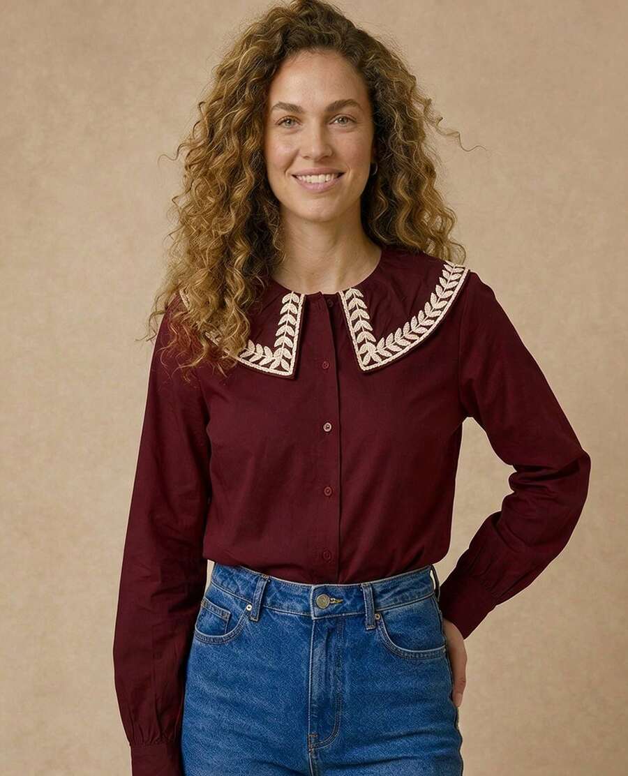 Women's Shirt With Ruff Collar/ Embroidered Detail/ Front Buttons/ Long Sleeves/ Classic Fashion S2192 2 In 1 Office - Burgundy - View 1