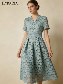 ELYRADIA Vestido midi elegante y casual con cuello en V de encaje, de manga corta, con temperamento elegante, adecuado para ocasiones formales y fiestas - verde menta - Ver 8