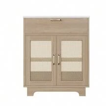 Freestanding Bathroom Cabinet Measuring 76x46x88cm, Moisture Resistant, With Liftable Drawers And Soft-Close Double Doors, High Legs With Rattan Details, Ceramic Sink, Natural Color. - 自然色 - 查看 1