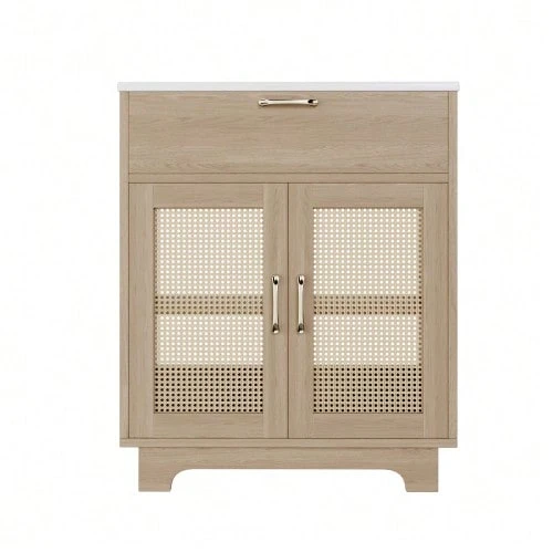 Freestanding Bathroom Cabinet Measuring 76x46x88cm, Moisture Resistant, With Liftable Drawers And Soft-Close Double Doors, High Legs With Rattan Details, Ceramic Sink, Natural Color. - 自然色 - 查看 1