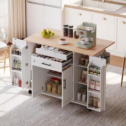 120*45cm, Mobile Kitchen Island, Kitchen Trolley, Extendable Worktop Up To 70cm, Concealed Cutlery Drawer, Adjustable Shelves, Spice Rack And Towel Rail, Suitable For Kitchen, Dining Room Or Living Room