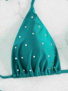 New Arrival European And American Women's Solid Color Rhinestone Halter Split Bikini Set Vacation Beach Summer - Peacock Blue - View 5