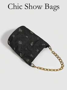 Sac seau à clous design de niche, sac à bandoulière effet denim d'été, nouveau sac à bandoulière polyvalent de style chinois à la mode pour le travail, les déplacements et les sorties décontracté pour femmes - Noir - Voir 7