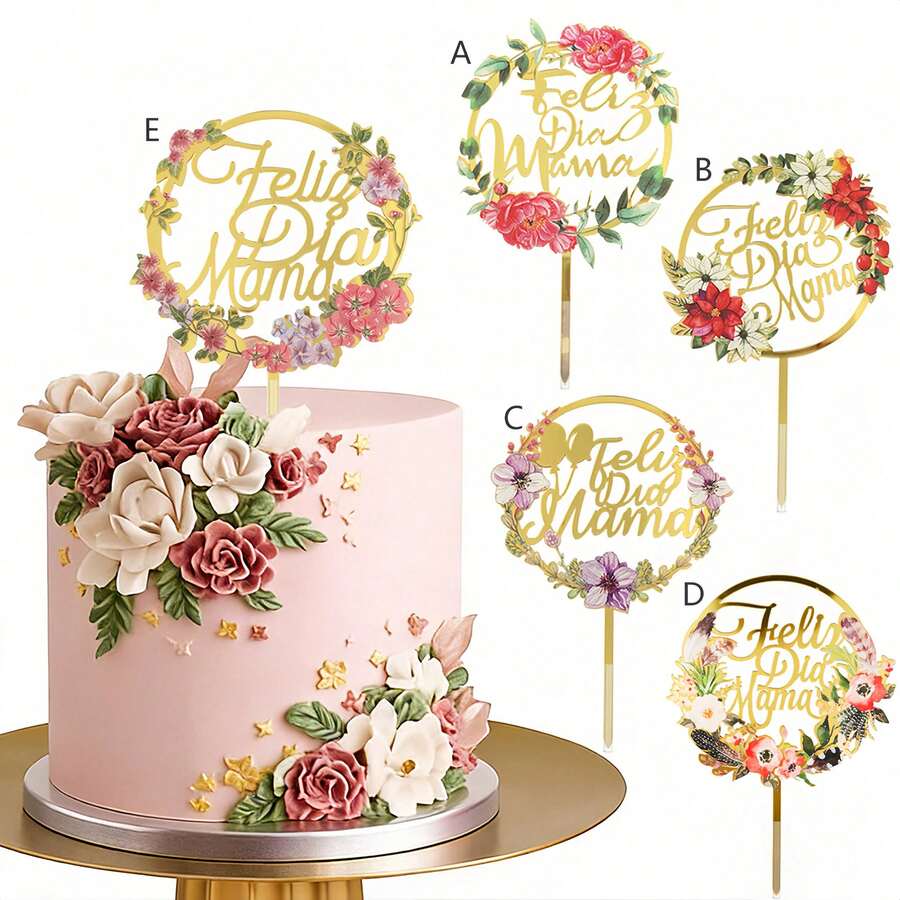 Bộ 1/3/6 chiếc phụ kiện trang trí bánh kem hình hoa bằng acrylic với chữ "Feliz Dia Mama" (Ngày của Mẹ), thích hợp để trang trí bánh kem trong bữa tiệc Ngày của Mẹ. - Nhiều màu - Xem 1