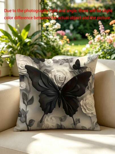 1pc Nordic Style 3D Black Butterfly & Rose Print Pillow Cover, Luxury Decorative Cushion Cover For Living Room, Bedroom, Sofa, Polyester, Square Shape (Without Pillow Insert), (Multiple Sizes), (No Embroidery), (Single-Sided Print)