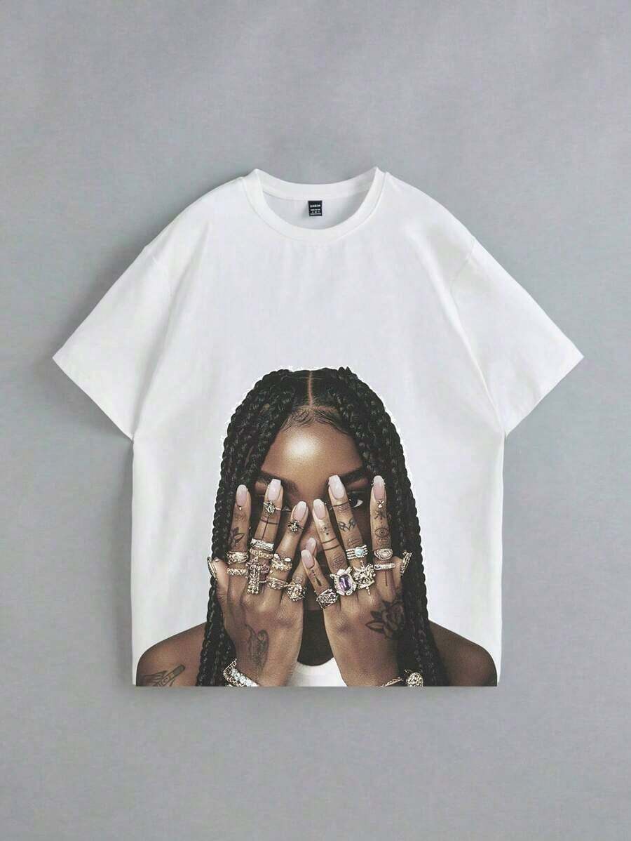 Playera minimalista moderna  Casual Simple Hip-Hop con estampado de huellas dactilares y retrato, de cuello redondo, manga corta y corte holgado para mujer. - Blanco - Ver 1