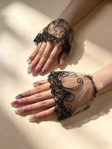 1Pair Lace Wrist Cuffs With Elastic, Decorative Fingerless Gloves For Spring Autumn Halloween - Multicolor - View 9