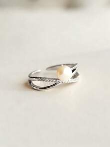 1 件波西米亚风格个性化微镶嵌锆石珍珠开口戒指 - 銀色 - 查看 2