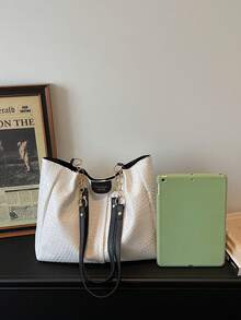 Fashionable Striped Handbag - Women's Large Capacity Shoulder Bag - Zipper Tote Bag For Daily Use With Metal Chain - White - View 3