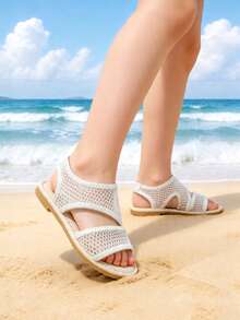 Summer Kids' Mesh Sandals, Fashionable Breathable Flat Slippers, Casual Beach Vacation Shoes, Suitable For Daily Outings - Beige - View 2