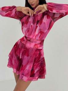 Vestido de manga larga ajustado con silueta de paraguas para mujer, nuevo para otoño/invierno, para uso casual/citas/salidas/maestras, vestido romántico con estampado de teñido anudado en púrpura y cuello alto con lazo en la cintura - Burdeos - Ver 8