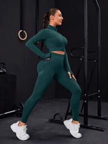 Seamless Zip-Up Tracksuit With Thumb Holes - Dark Green - View 5