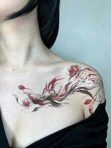 1pc Waterproof Temporary Tattoo, Ink Wash Style Red & Black Rose Design, Lasting 2-3 Days, Suitable For Collarbone/Neck Decoration, INS Style,Sketch Style - Multicolor - View 3