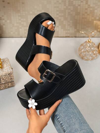 Giày sandal đế xuồng, đế dày, gót chunky, sandal cao gót một quai cài cho nữ, thời trang mùa hè thanh lịch giúp tăng chiều cao cho người nhỏ nhắn, phong cách nghỉ mát.