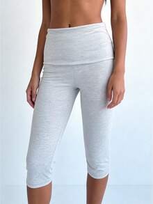 Pantalones capri para mujer, color liso, cintura plegable, estilo casual de verano, leggings cortos elásticos. - Gris Claro - Ver 1