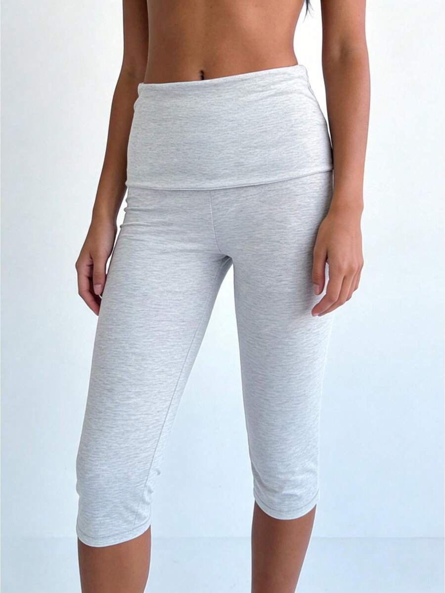 Pantalones capri para mujer, color liso, cintura plegable, estilo casual de verano, leggings cortos elásticos. - Gris Claro - Ver 1