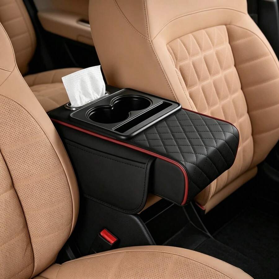 Car Center Armrest Booster Mat, Multi-Functional Storage Armrest Mat, With Cup Holder And Tissue Box, Interior Storage Box, Car Accessories. - Đen và đỏ - Xem 1
