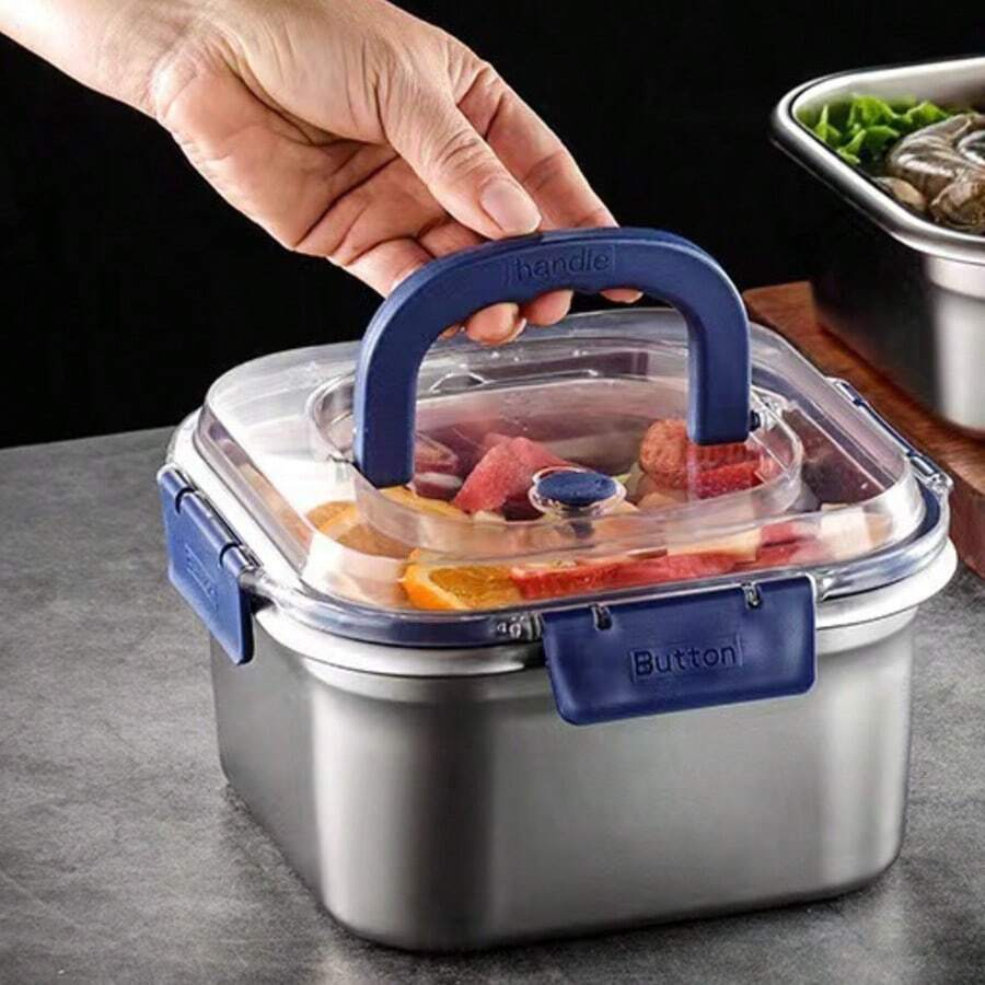 1800ml/60.87oz Extra Large Capacity Stainless Steel Food Storage Container, Blue Lid, Airtight Reusable, Suitable For Refrigerator, Lunch Box, Kitchen Essential - Silver - View 1