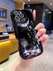1 pieza Funda de teléfono a prueba de golpes con diseño de luna y mariposa con impresión UV, compatible con Apple/Galaxy//// - Negro - Ver 2