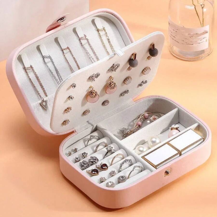 Caja de joyería portátil 2024, organizador de joyería, caja de joyería de viaje, cajas de almacenamiento de cuero con botones, joyeros con cremallera - dijo - Ver 1