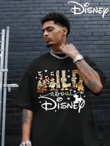 Disney Authorized Mickey Mouse And Disney Animal Kingdom Cartoon Patterns And Disney Animal Kingdom Letter Prints, Men's Black Pure Cotton Short Sleeved T-Shirt, Breathable White Short Sleeved T-Shirt, Suitable For Summer Wear, Neutral, Regular Round Neck Casual Style, Washable, Comfortable And Loose. - màu đen - Xem 1
