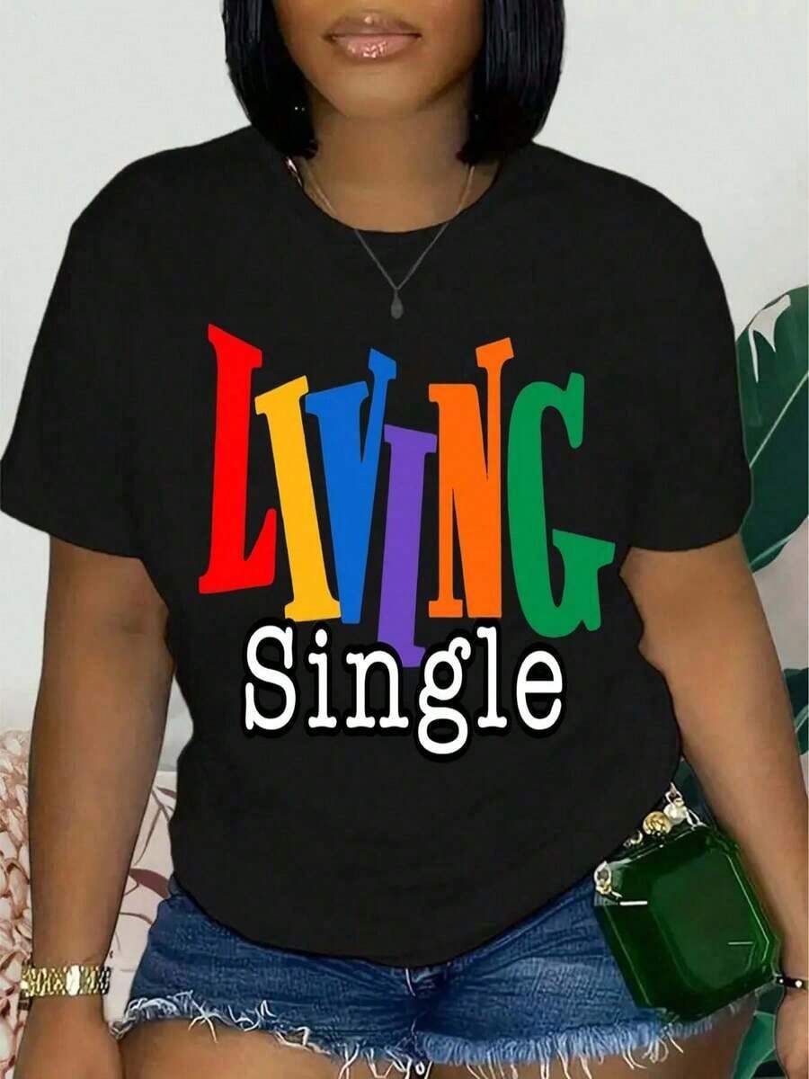 Camiseta de Algodón con Estampado Gráfico Living Single - Letras de Colores Brillantes - Negro - Ver 1